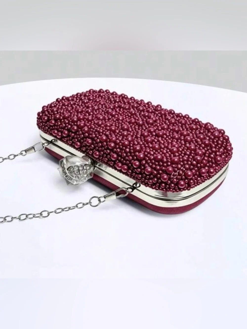 Pearl & Crystal Embellished Clutch Burgundy